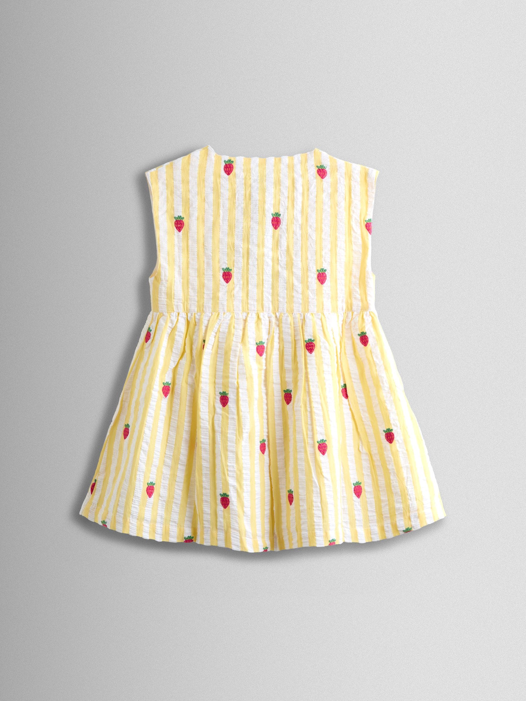 JoJo Maman Bébé Yellow Stripe Strawberry Sleeveless Embroidered Button Through Dress image 3