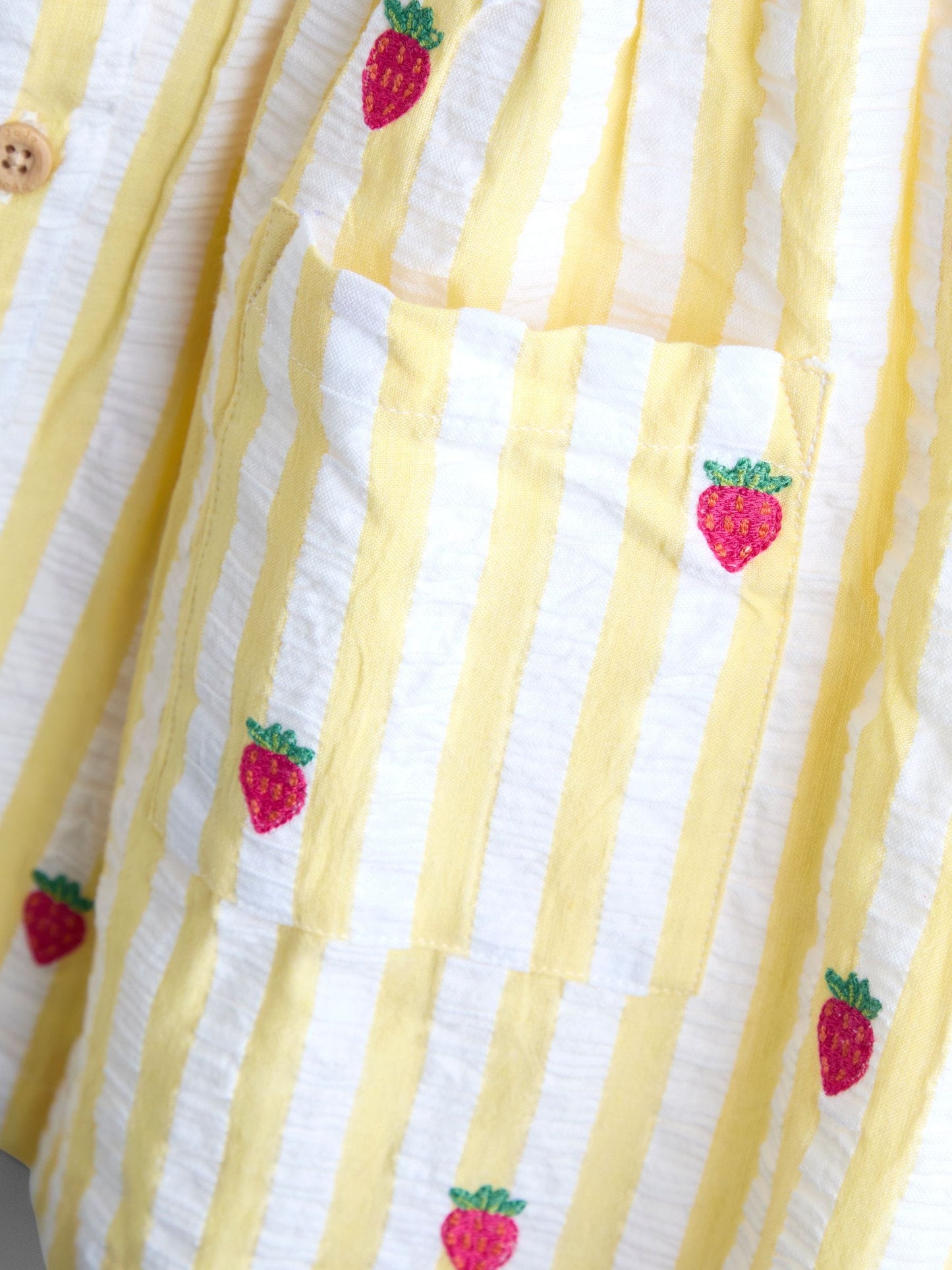 JoJo Maman Bébé Yellow Stripe Strawberry Sleeveless Embroidered Button Through Dress image 4