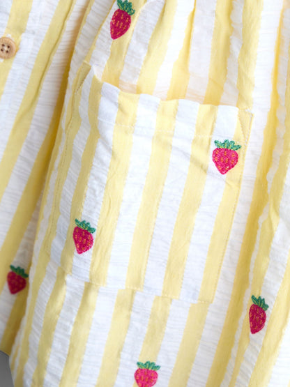 JoJo Maman Bébé Yellow Stripe Strawberry Sleeveless Embroidered Button Through Dress image 4