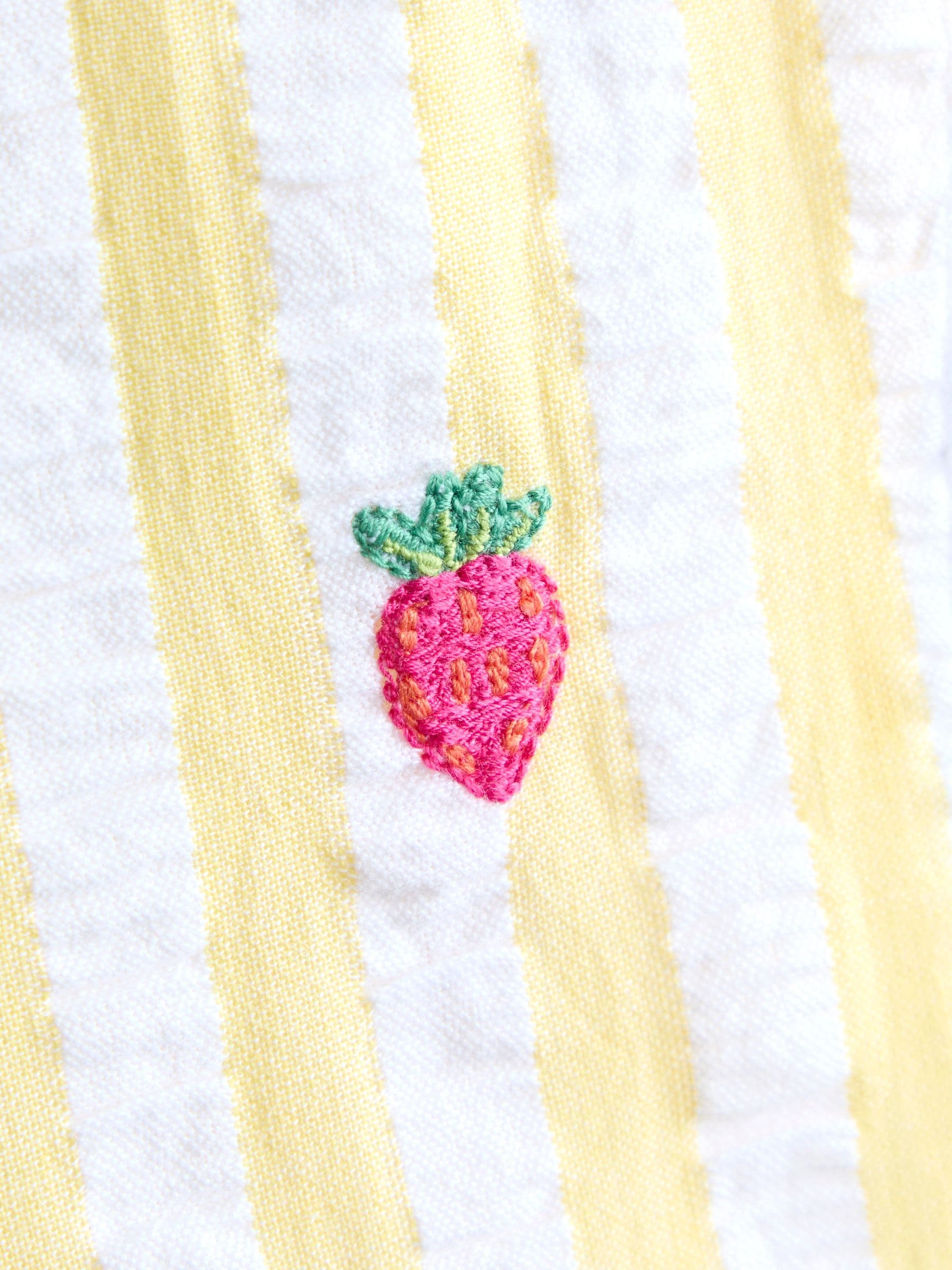 JoJo Maman Bébé Yellow Stripe Strawberry Sleeveless Embroidered Button Through Dress image 5