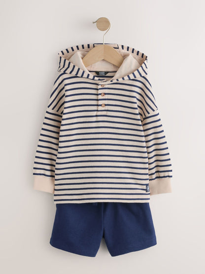 Ecru White Striped Textured Sweat Top and Shorts Set (3mths-7yrs) image 1