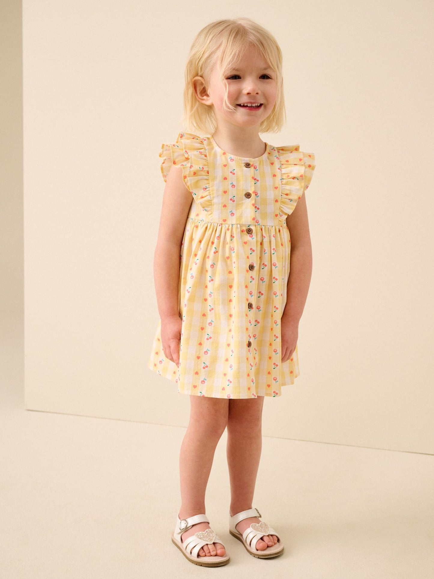 Pastel Yellow Check Double Ruffle Sleeve Dress (3mths-8yrs) image 1