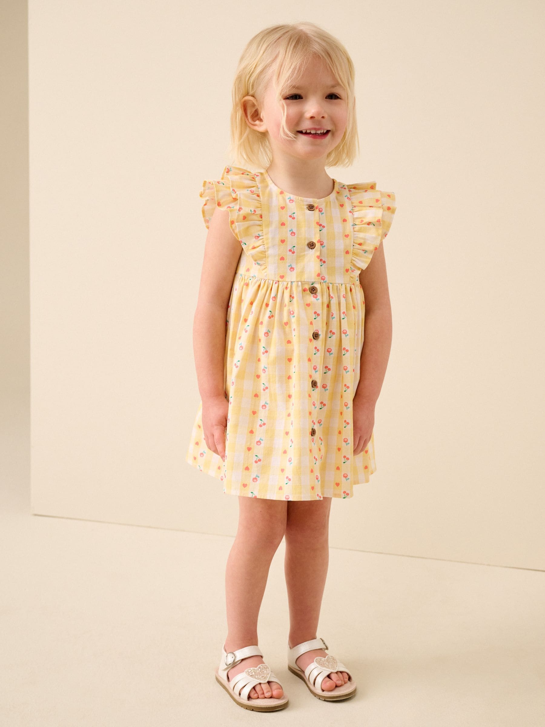 Pastel Yellow Check Double Ruffle Sleeve Dress (3mths-8yrs) image 1