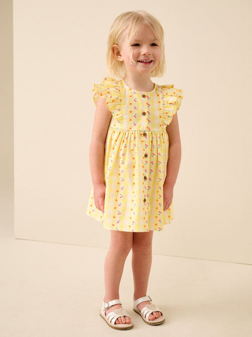 Dsiney Kidz - Pastel Yellow Check Double Ruffle Sleeve Dress (3mths-8yrs) image 1