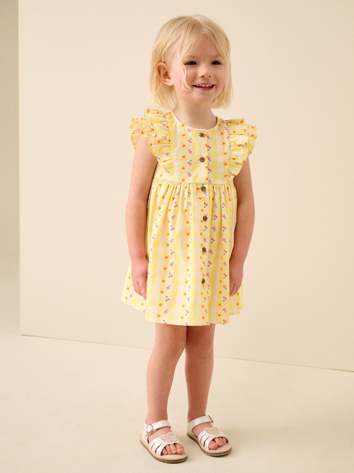 Pastel Yellow Check Double Ruffle Sleeve Dress (3mths-8yrs) image 1