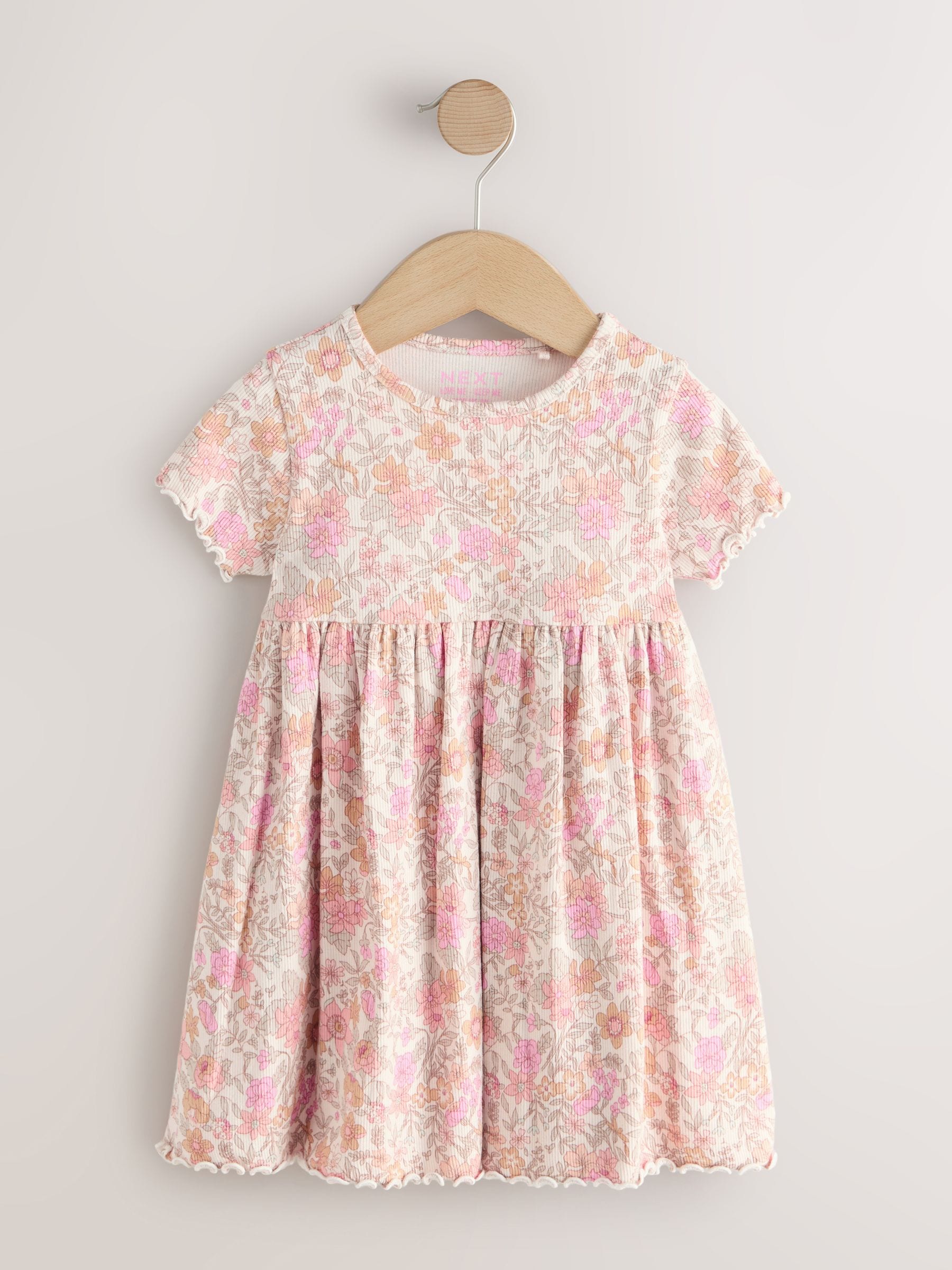 Pink Floral Short Sleeve Ribbed Dress (3mths-7yrs) image 3