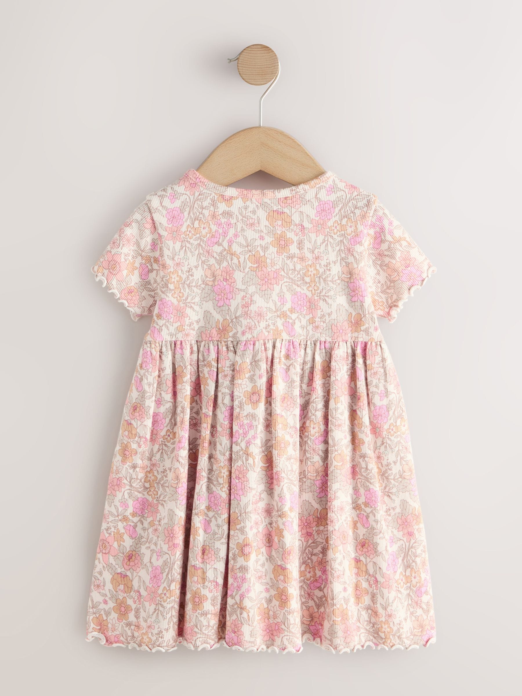 Pink Floral Short Sleeve Ribbed Dress (3mths-7yrs) image 4