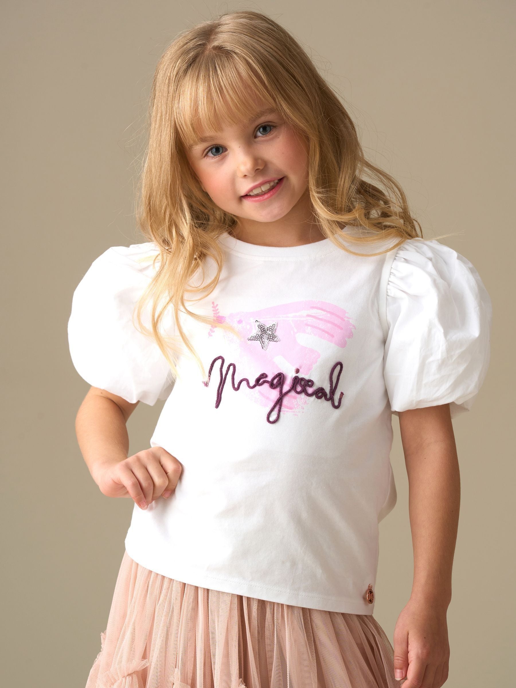 Dsiney Kidz - Angel & Rocket White Heidi Puff Sleeve Embellished Top image 1