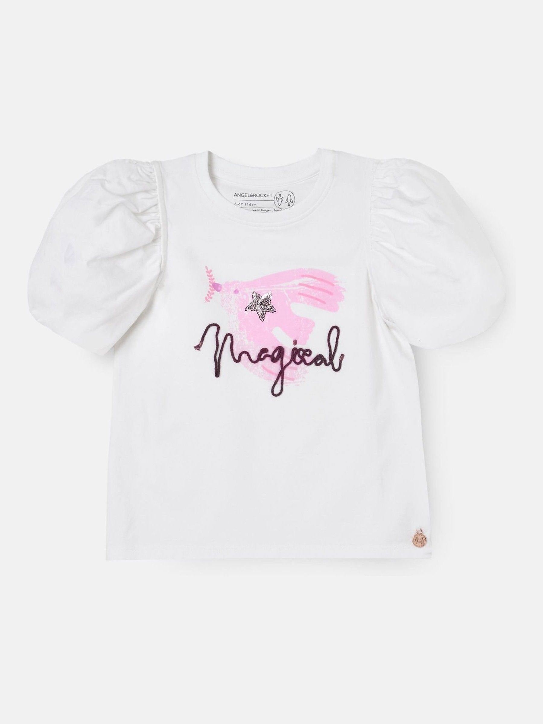 Dsiney Kidz - Angel & Rocket White Heidi Puff Sleeve Embellished Top image 5