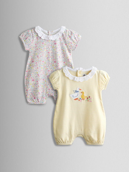 JoJo Maman Bébé Yellow Duck & Floral 2-Pack Broderie Collar Rompers image 1