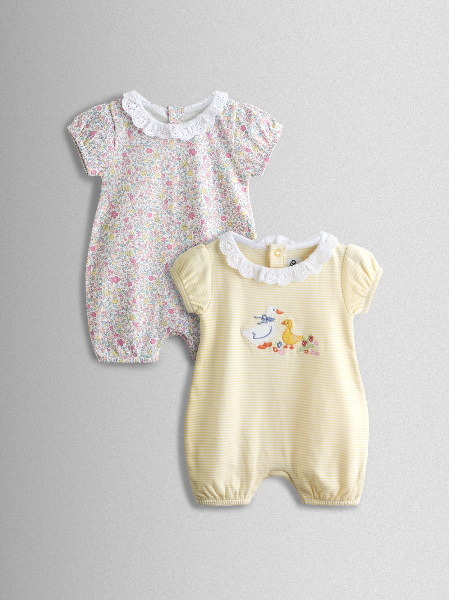 JoJo Maman Bébé Yellow Duck & Floral 2-Pack Broderie Collar Rompers image 1