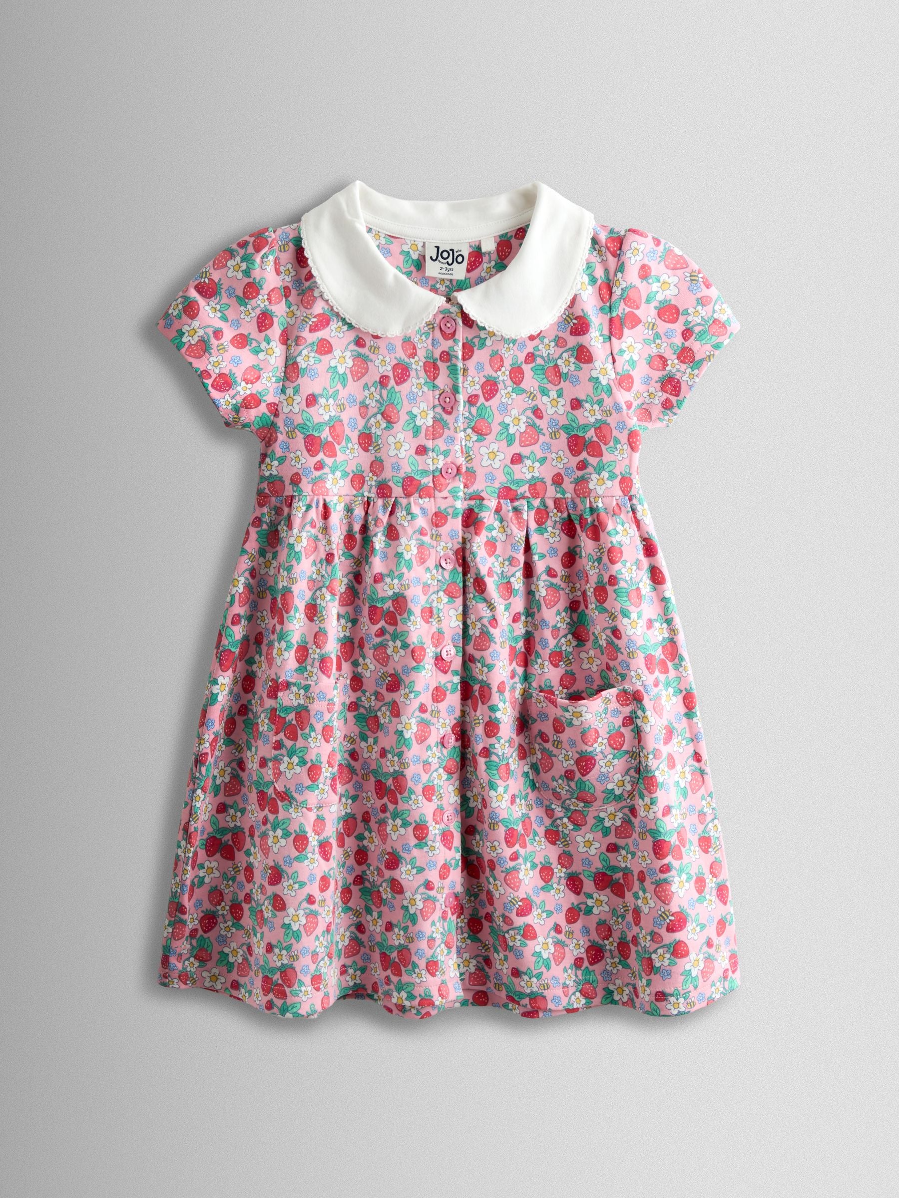 JoJo Maman Bébé Pink Strawberry Pet In Pocket Button Down Dress image 1