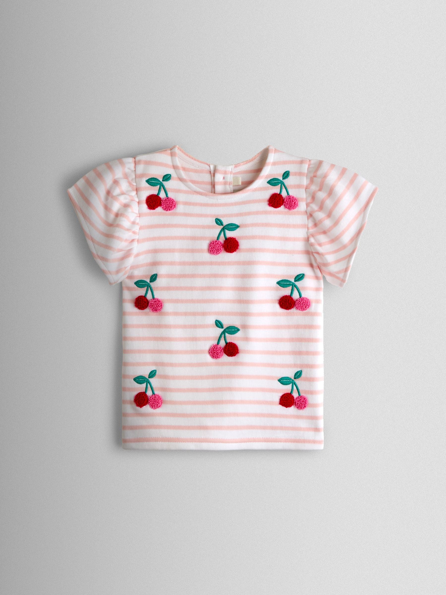 JoJo Maman Bébé Pink Cherry Appliqué Sleeve T-shirt image 1