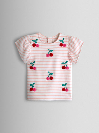 JoJo Maman Bébé Pink Cherry Appliqué Sleeve T-shirt image 1