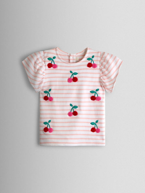 JoJo Maman Bébé Pink Cherry Appliqué Sleeve T-shirt image 1