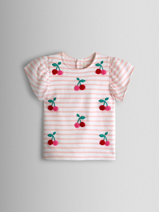 JoJo Maman Bébé Pink Cherry Appliqué Sleeve T-shirt image 1