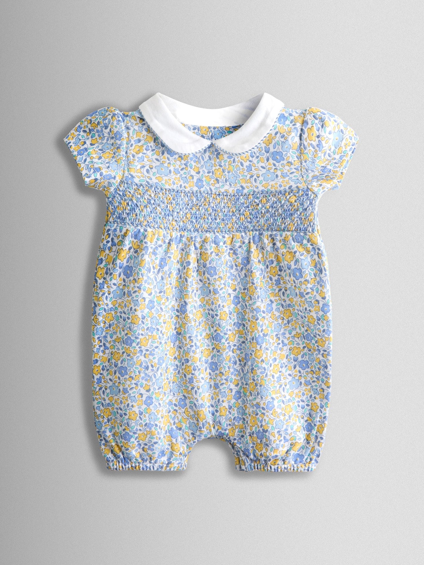 JoJo Maman Bébé Light Blue Floral Collared Smocked Romper image 1