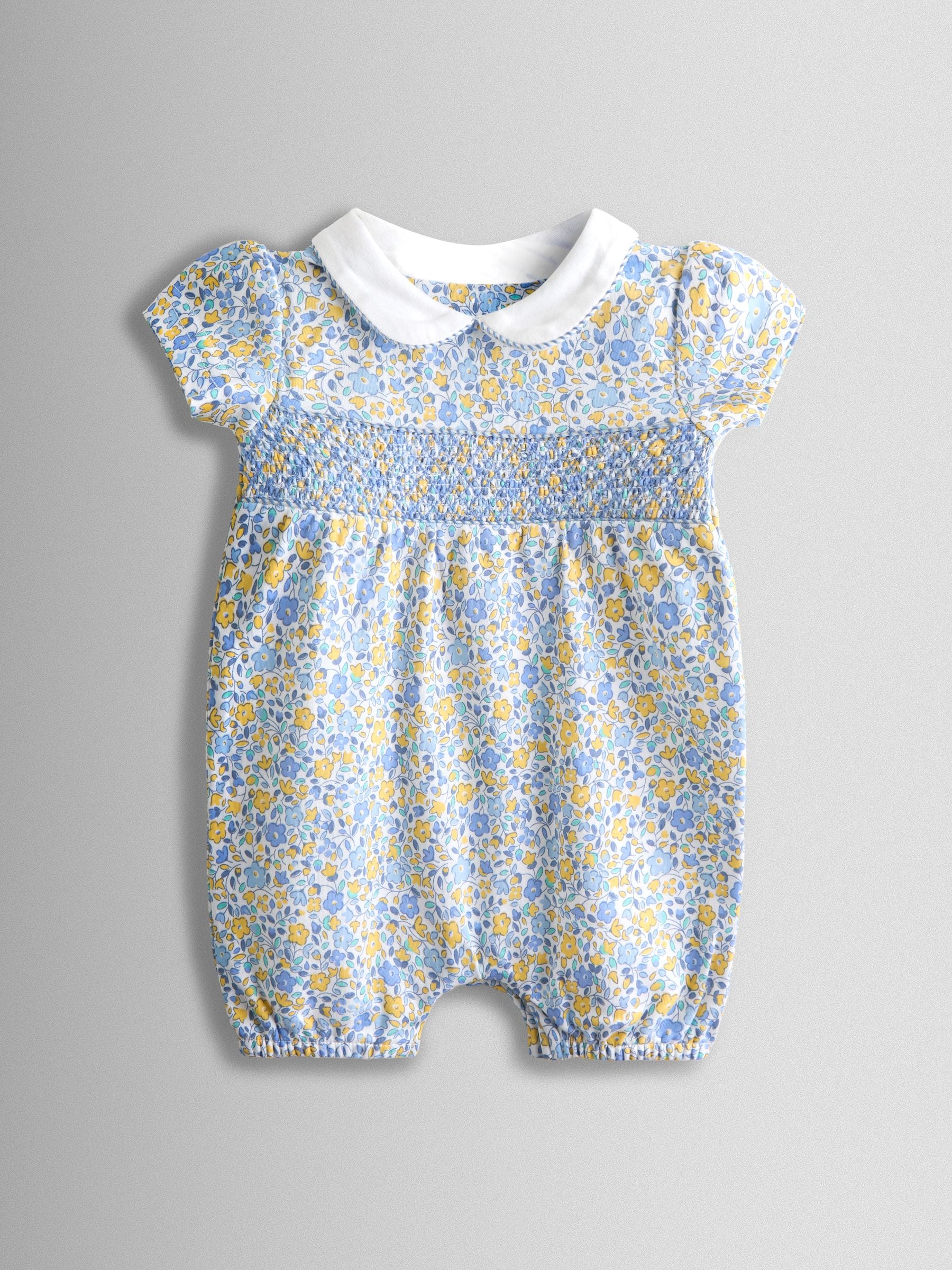 JoJo Maman Bébé Light Blue Floral Collared Smocked Romper image 1