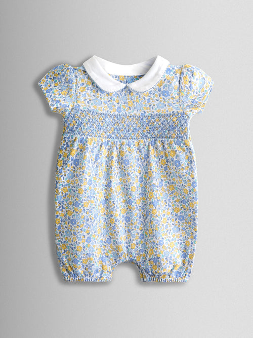 JoJo Maman Bébé Light Blue Floral Collared Smocked Romper image 1