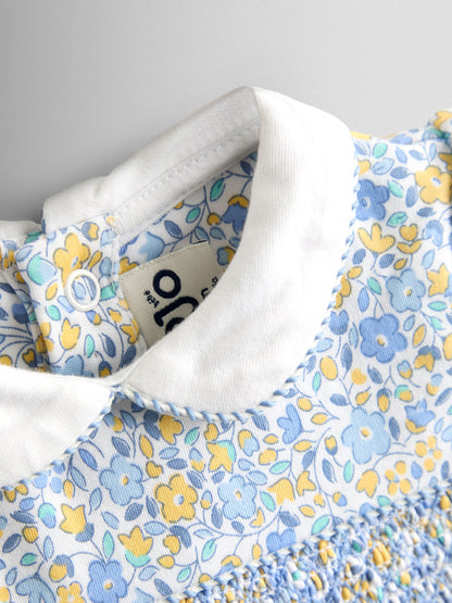 JoJo Maman Bébé Light Blue Floral Collared Smocked Romper image 3