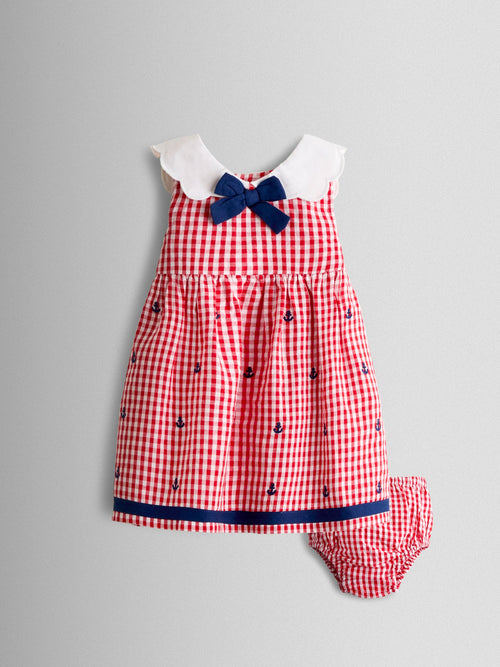 Dsiney Kidz - JoJo Maman Bébé Red Gingham Nautical Embroidered Sailor Baby Dress image 1
