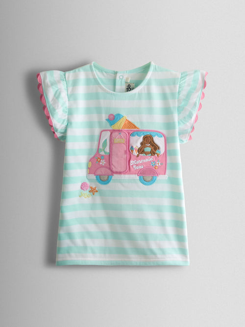 JoJo Maman Bébé Green Mermaid Applique Frill Sleeve T-Shirt image 1