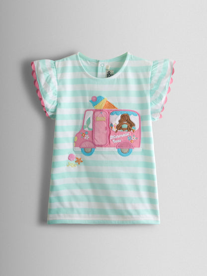 Dsiney Kidz - JoJo Maman Bébé Green Mermaid Appliqué Frill Sleeve T-Shirt image 1
