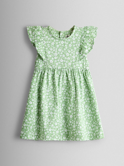 JoJo Maman Bébé Green Ditsy Floral Ruffle Sleeve Dress image 1