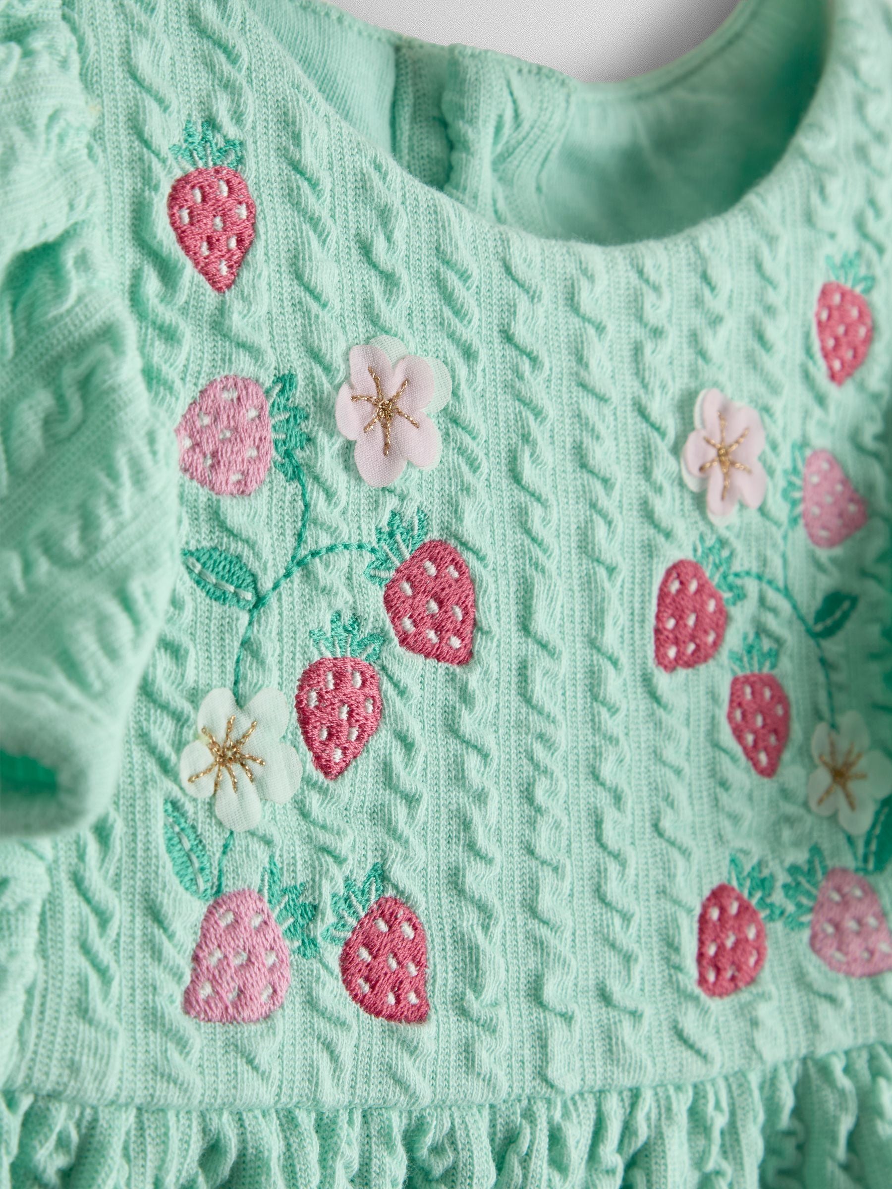 JoJo Maman Bébé Green Strawberry Embroidered Peplum T-Shirt image 3