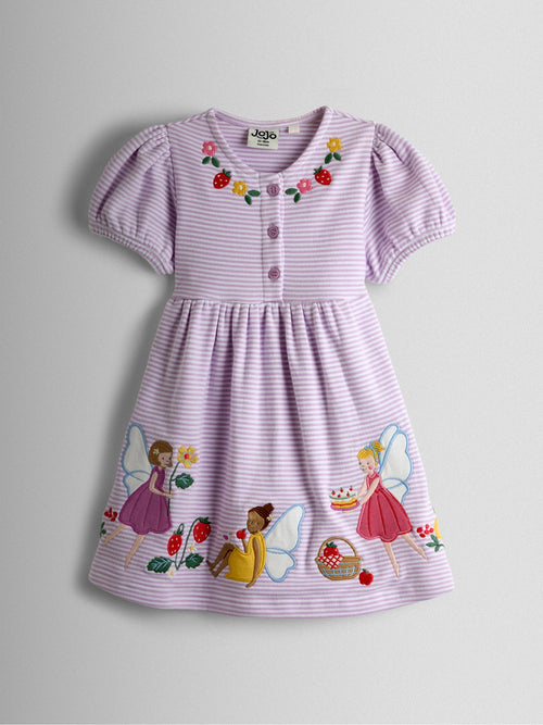 Dsiney Kidz - JoJo Maman Bébé Lilac Purple Fairy Picnic Appliqué Puff Sleeve Button Front Dress image 1