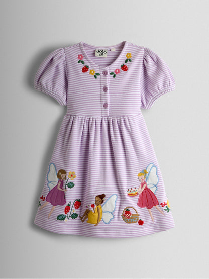 JoJo Maman Bébé Lilac Purple Fairy Picnic Appliqué Puff Sleeve Button Front Dress image 1