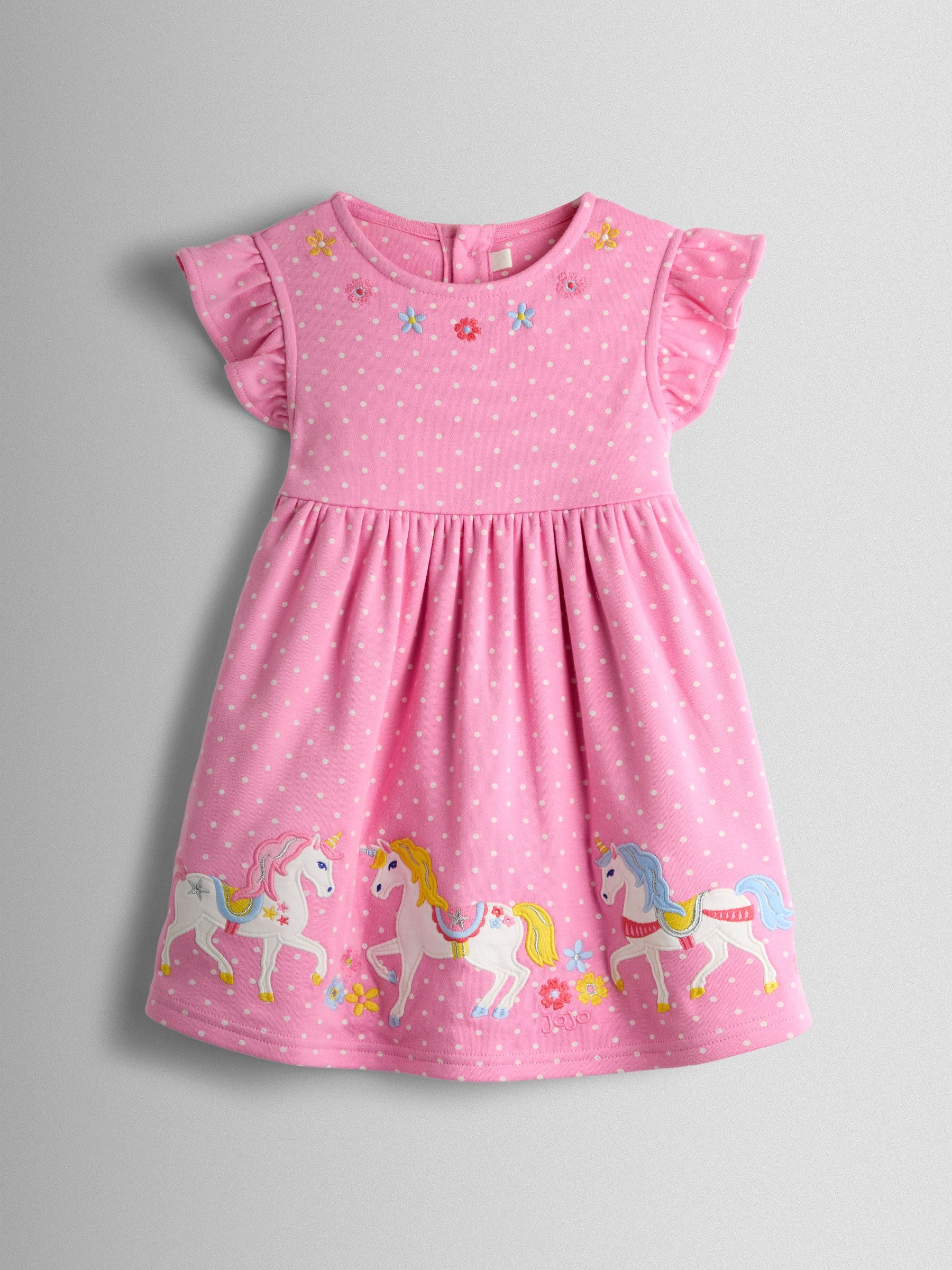 JoJo Maman Bébé Pink Unicorn Appliqué Flutter Sleeve Dress image 1