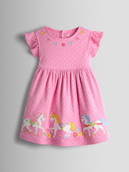 JoJo Maman Bébé Pink Unicorn Appliqué Flutter Sleeve Dress image 1