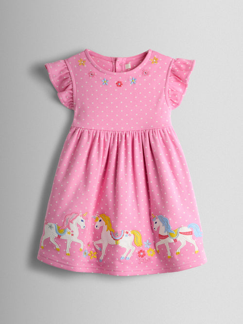JoJo Maman Bébé Pink Unicorn Appliqué Flutter Sleeve Dress image 1