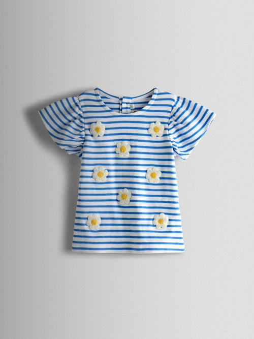 JoJo Maman Bébé Blue Daisy Bouclé Appliqué Frill Sleeve T-Shirt image 1