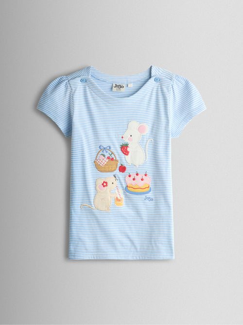 JoJo Maman Bébé Blue Mouse Picnic Appliqué Button Shoulder T-Shirt image 1