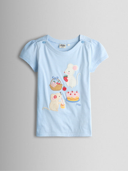 JoJo Maman Bébé Blue Mouse Picnic Appliqué Button Shoulder T-Shirt image 1