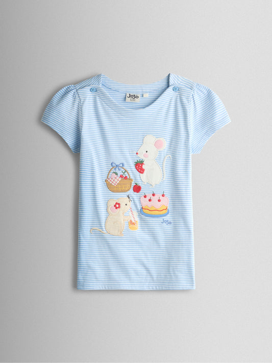 JoJo Maman Bébé Blue Mouse Picnic Appliqué Button Shoulder T-Shirt image 1