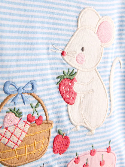 JoJo Maman Bébé Blue Mouse Picnic Appliqué Button Shoulder T-Shirt image 3