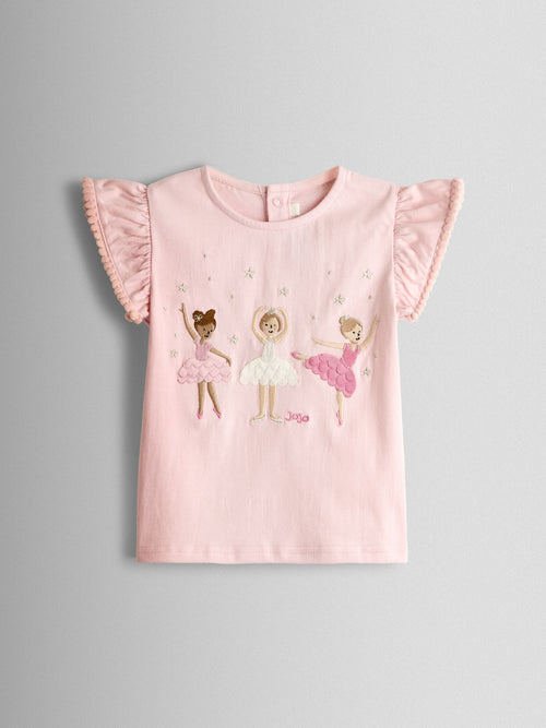 JoJo Maman Bébé Pink Ballerina Applique Frill Shoulder T-Shirt image 1