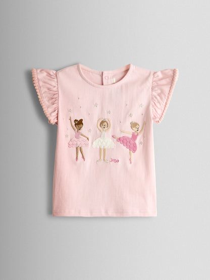 Dsiney Kidz - JoJo Maman Bébé Pink Ballerina Appliqué Frill Shoulder T-Shirt image 1