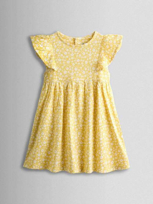 JoJo Maman Bébé Yellow Ditsy Floral Ruffle Sleeve Dress image 1