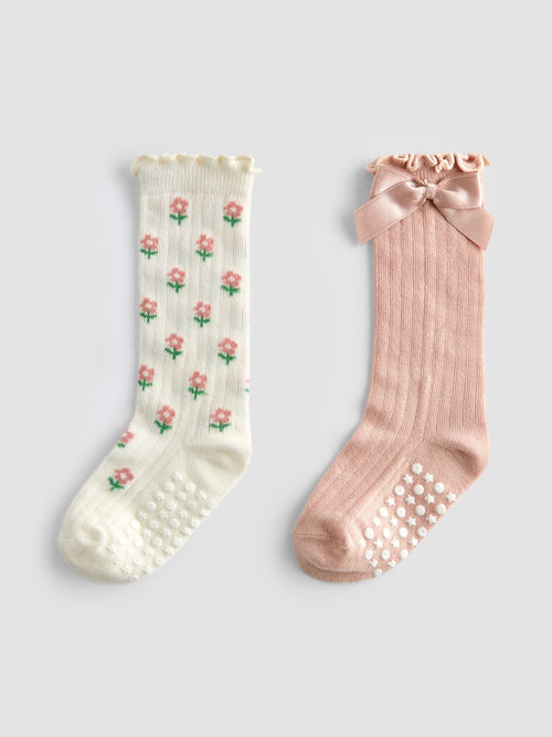 JoJo Maman Bébé Pink 2-Pack Ditsy Floral Knee High Socks image 1