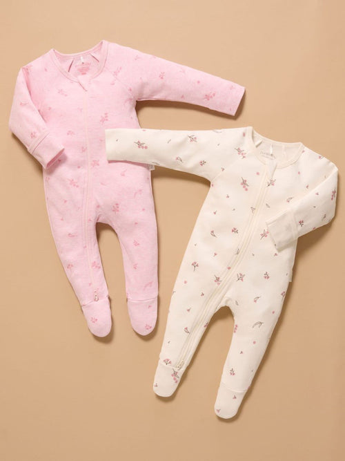 Purebaby Pale Pink Blossom Zip Baby Sleepsuits 2 Pack image 1