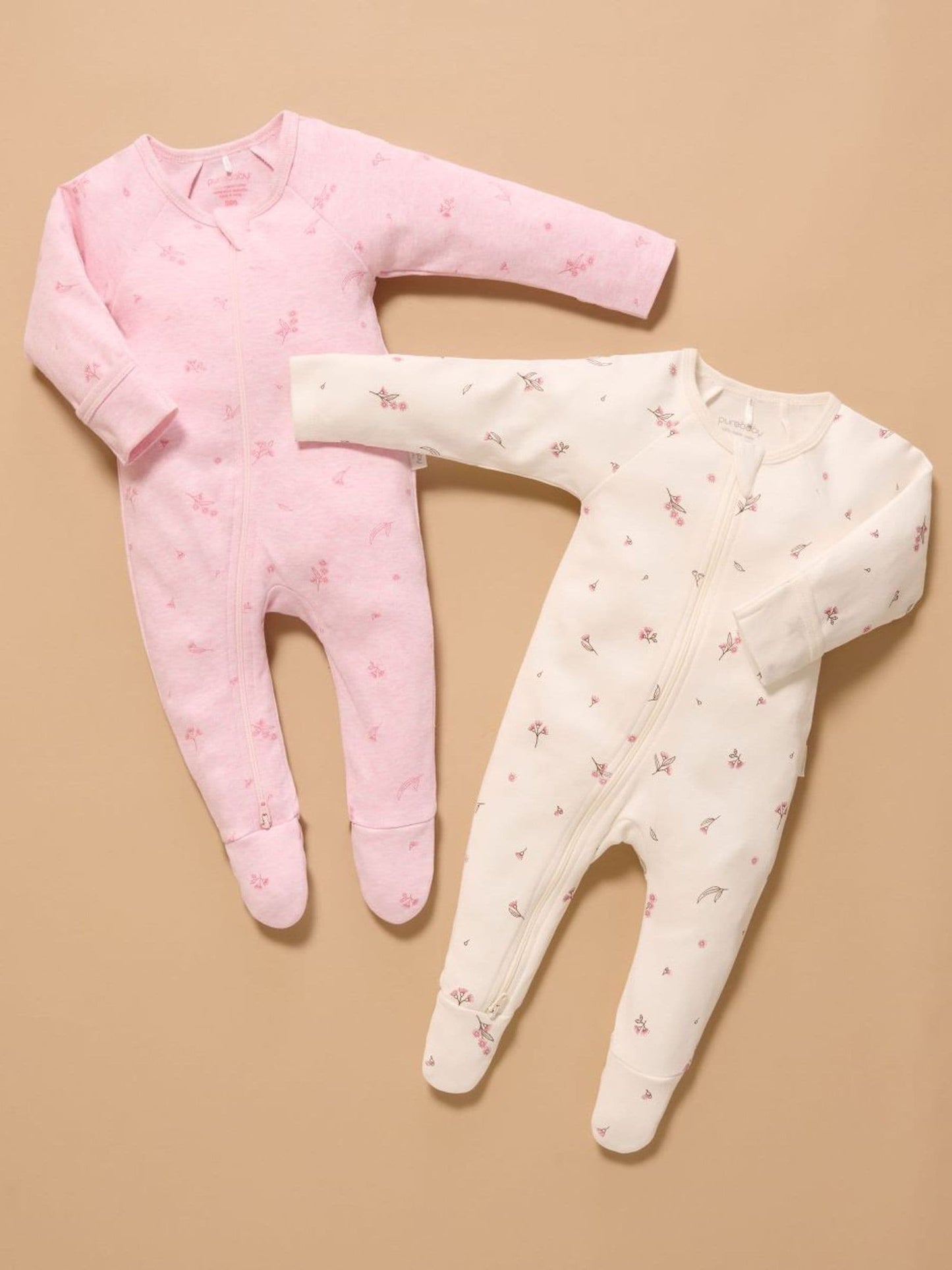 Purebaby Pale Pink Blossom Zip Baby Sleepsuits 2 Pack image 1