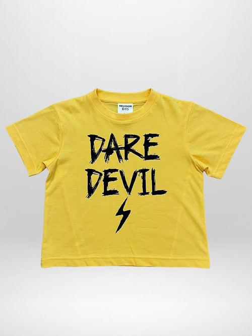 Religion Yellow Dare Devil Slogan T-Shirt With Lightning Bolt image 1
