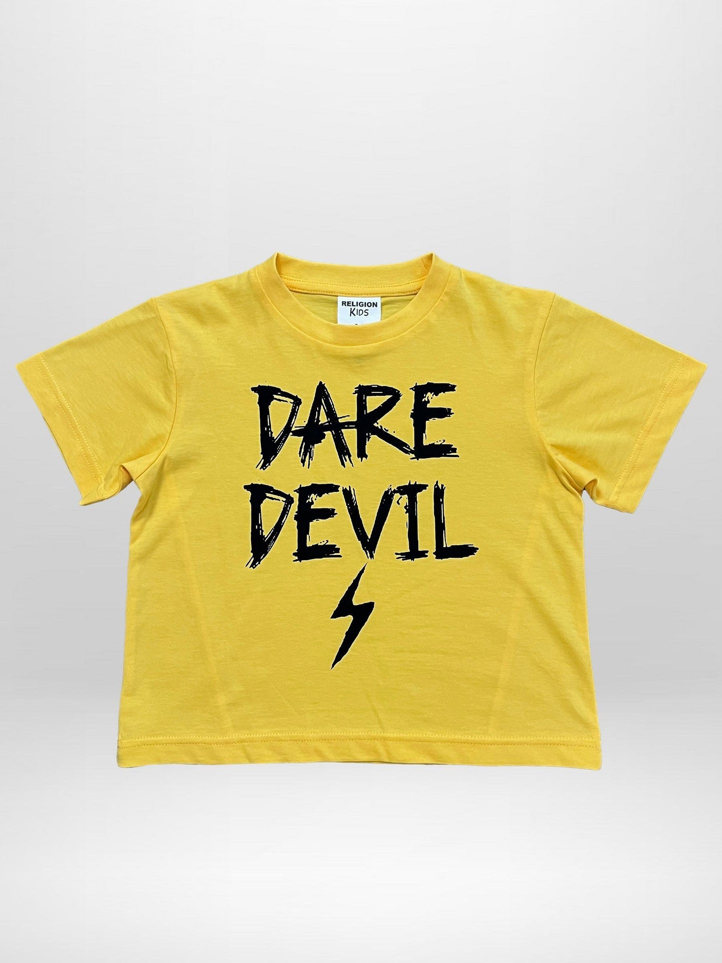 Religion Yellow Dare Devil Slogan T-Shirt With Lightning Bolt image 1