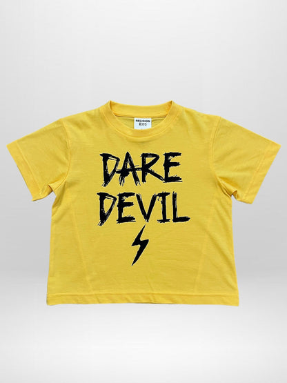 Religion Yellow Dare Devil Slogan T-Shirt With Lightning Bolt image 1