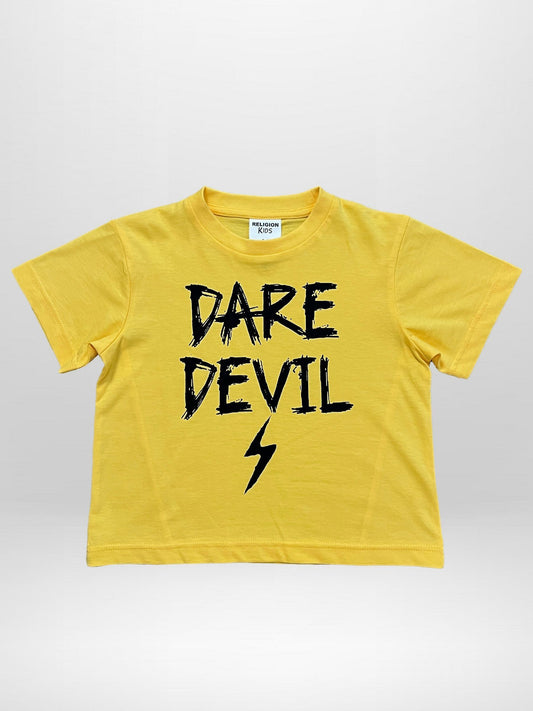 Religion Yellow Dare Devil Slogan T-Shirt With Lightning Bolt image 1