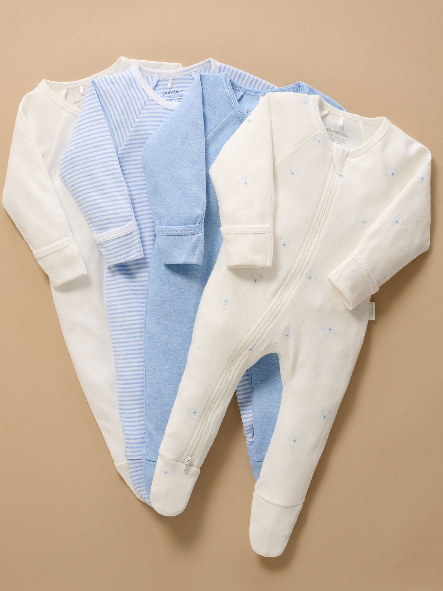 Purebaby Pale Blue Zip Sleepsuits 4 Pack image 4